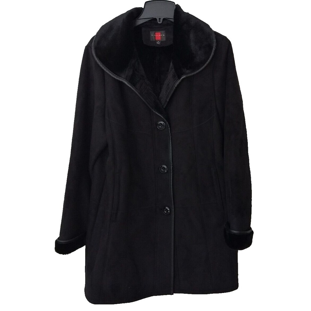 Gallery Faux Suede‎ Fur Lined Coat Black Leatherette Trim Vintage Womens M READ